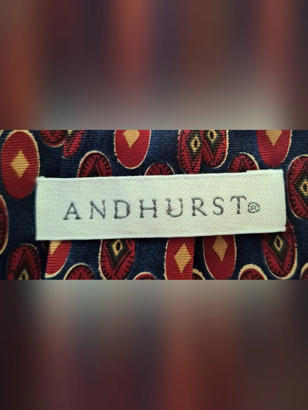 Men's Navy Tie with Red and Gold Medallion Pattern